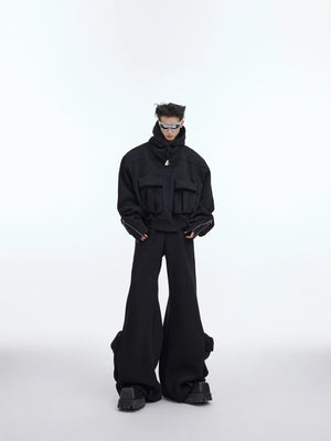 Front view of oversized fleece-lined hoodie with deconstructed pockets, perfect for streetwear fashion