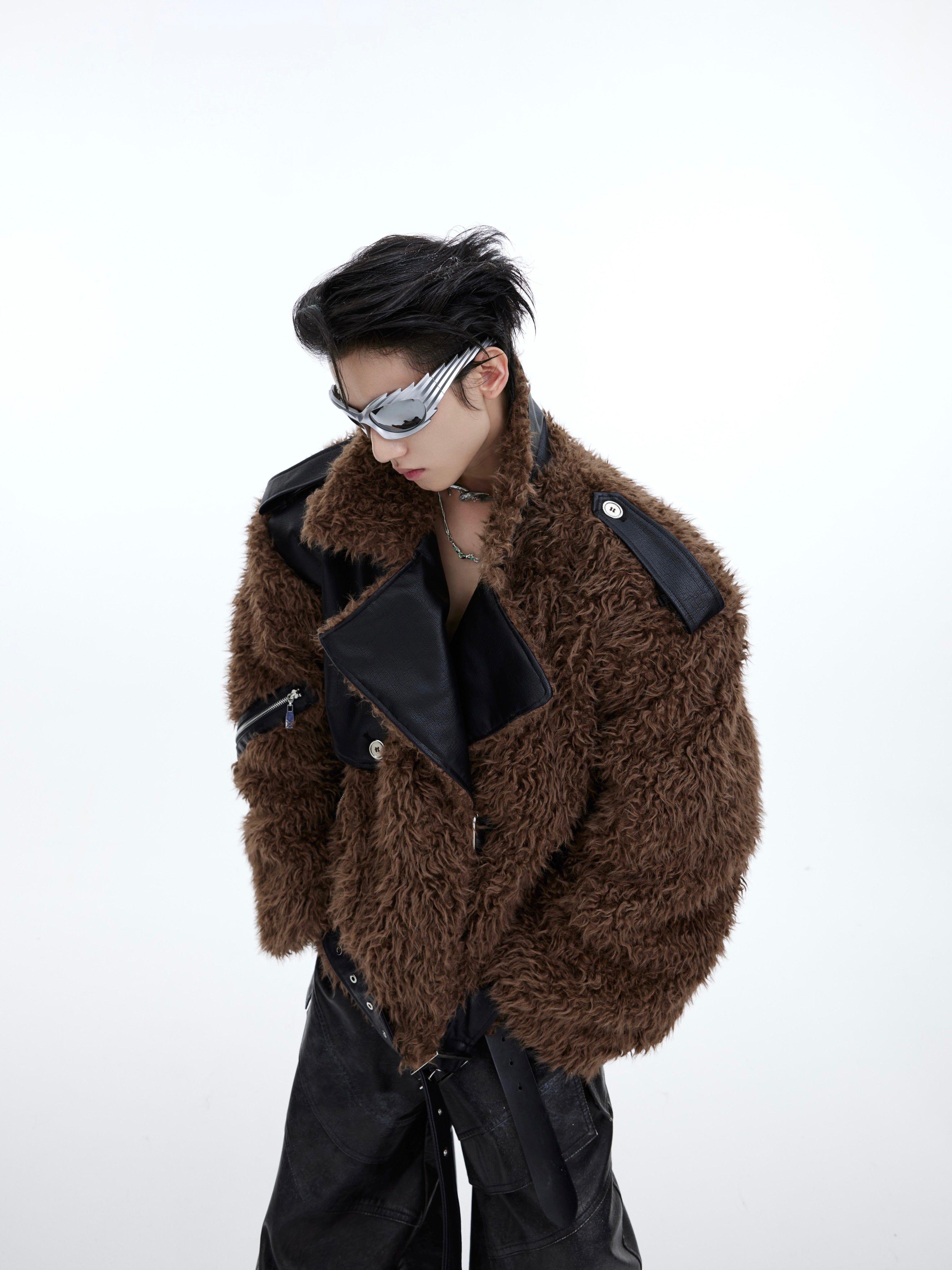 Oversized deconstructed jacket featuring asymmetrical PU leather panels for edgy urban fashion