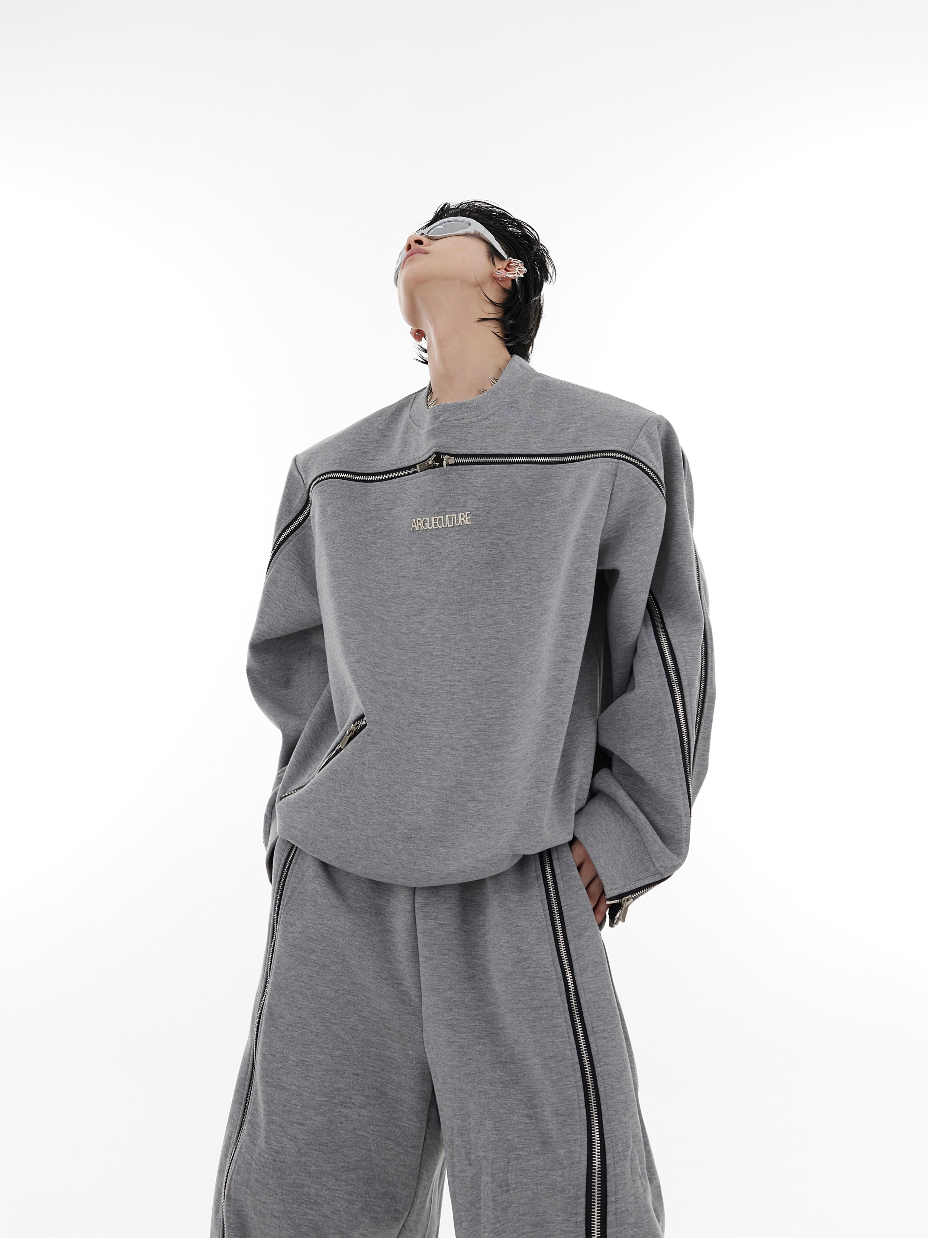 Front and back view of deconstructed zip hoodie set with urban fashion styling