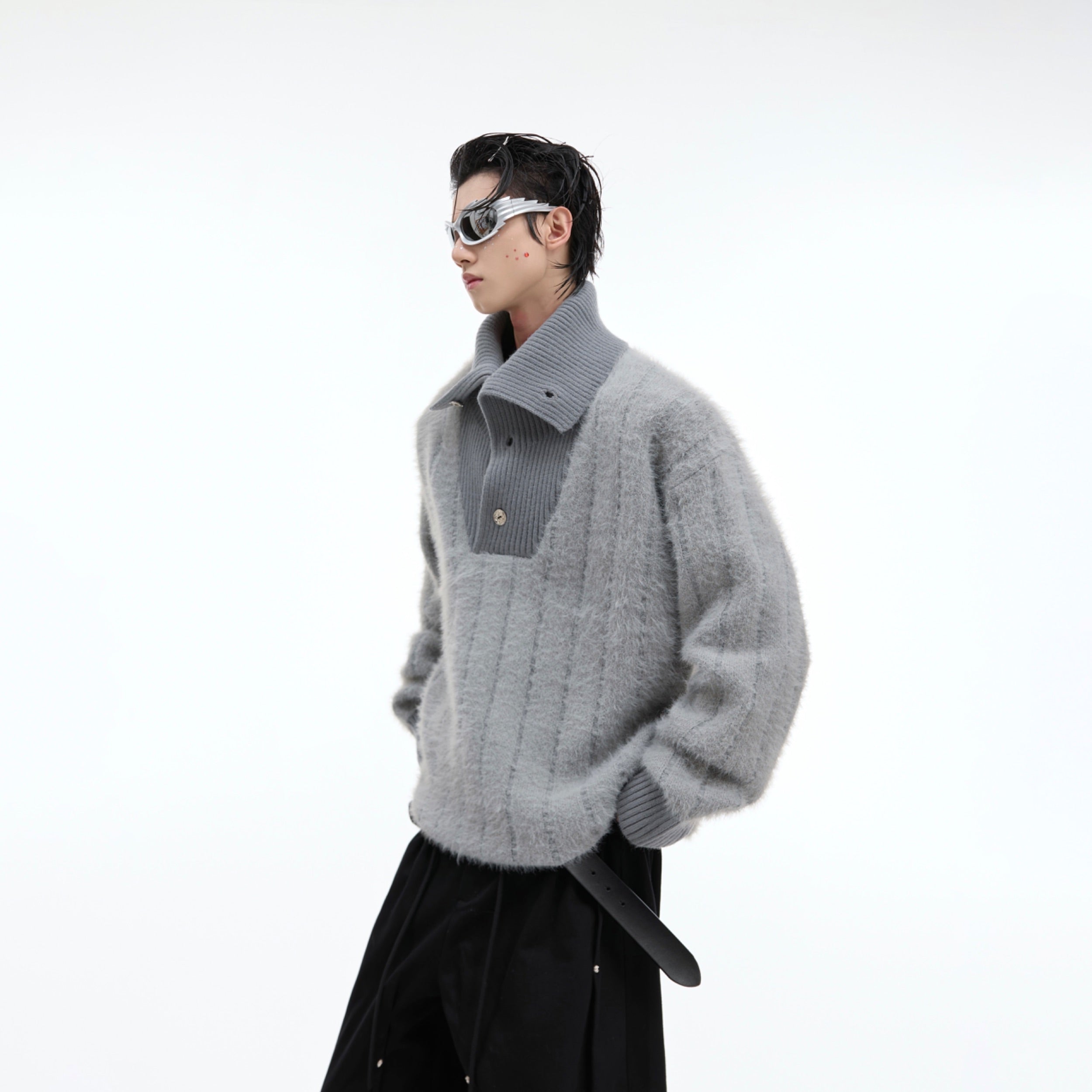 Oversized striped turtleneck sweater with chunky knit texture, featuring a deconstructed turtleneck design for streetwear style