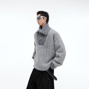 Oversized striped turtleneck sweater with chunky knit texture, featuring a deconstructed turtleneck design for streetwear style