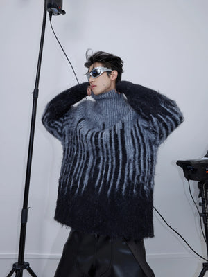 Front view of oversized mohair sweater with bold colorblock stripes and high neck design for stylish winter wear