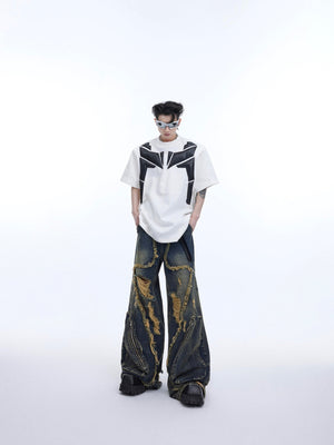 Streetwear tee with dramatic padded shoulders and deconstructed PU leather sleeve construction