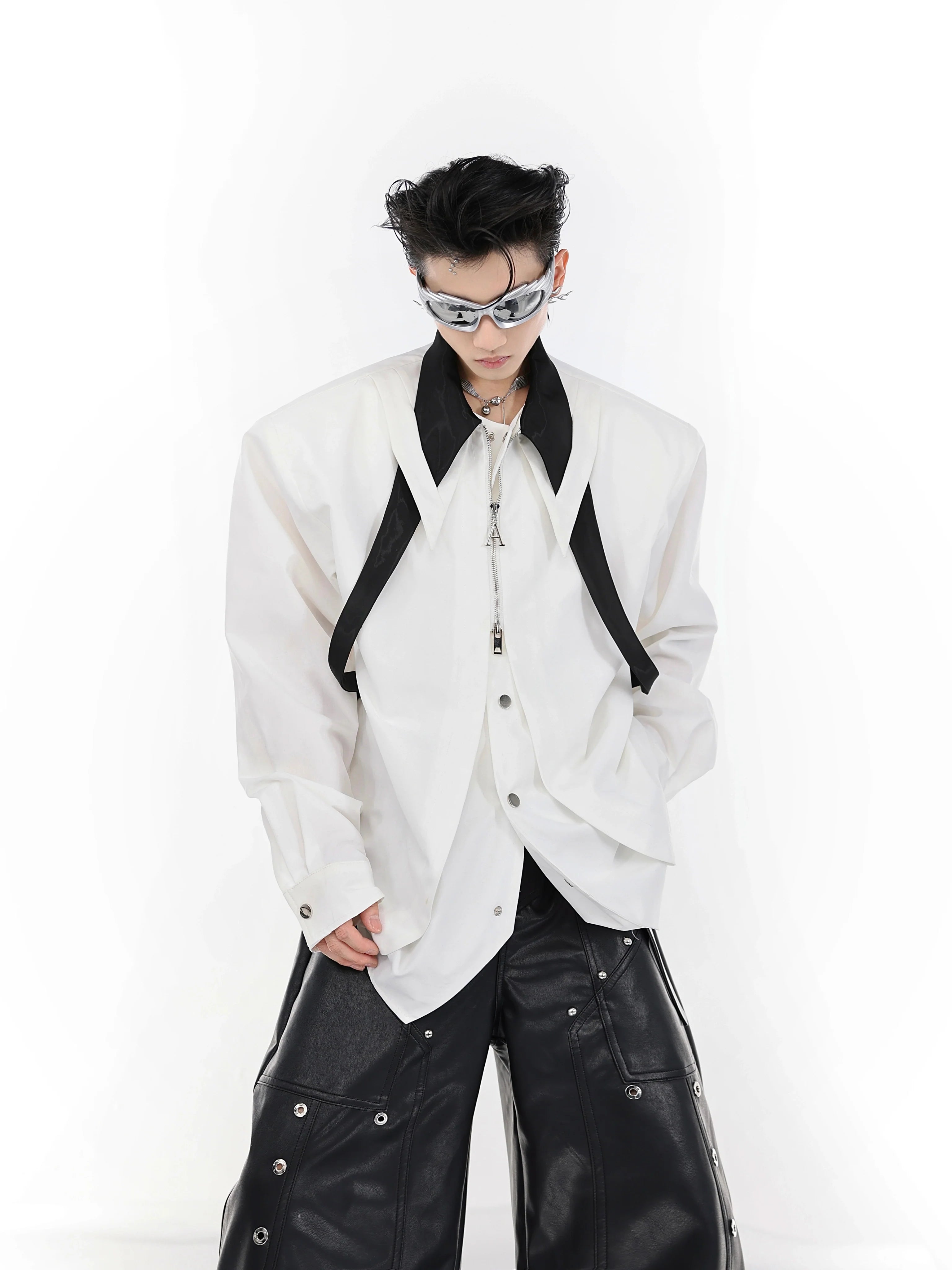 Oversized streetwear shirt featuring avant-garde split collar with extended tie detail in deconstructed color-block style
