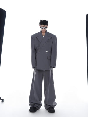 Front view of oversized unisex blazer with drop shoulder design in stylish twill fabric