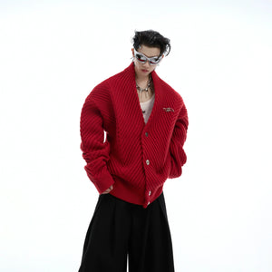 Oversized V-neck knit cardigan with chunky metal buttons, perfect for streetwear looks in fall and winter
