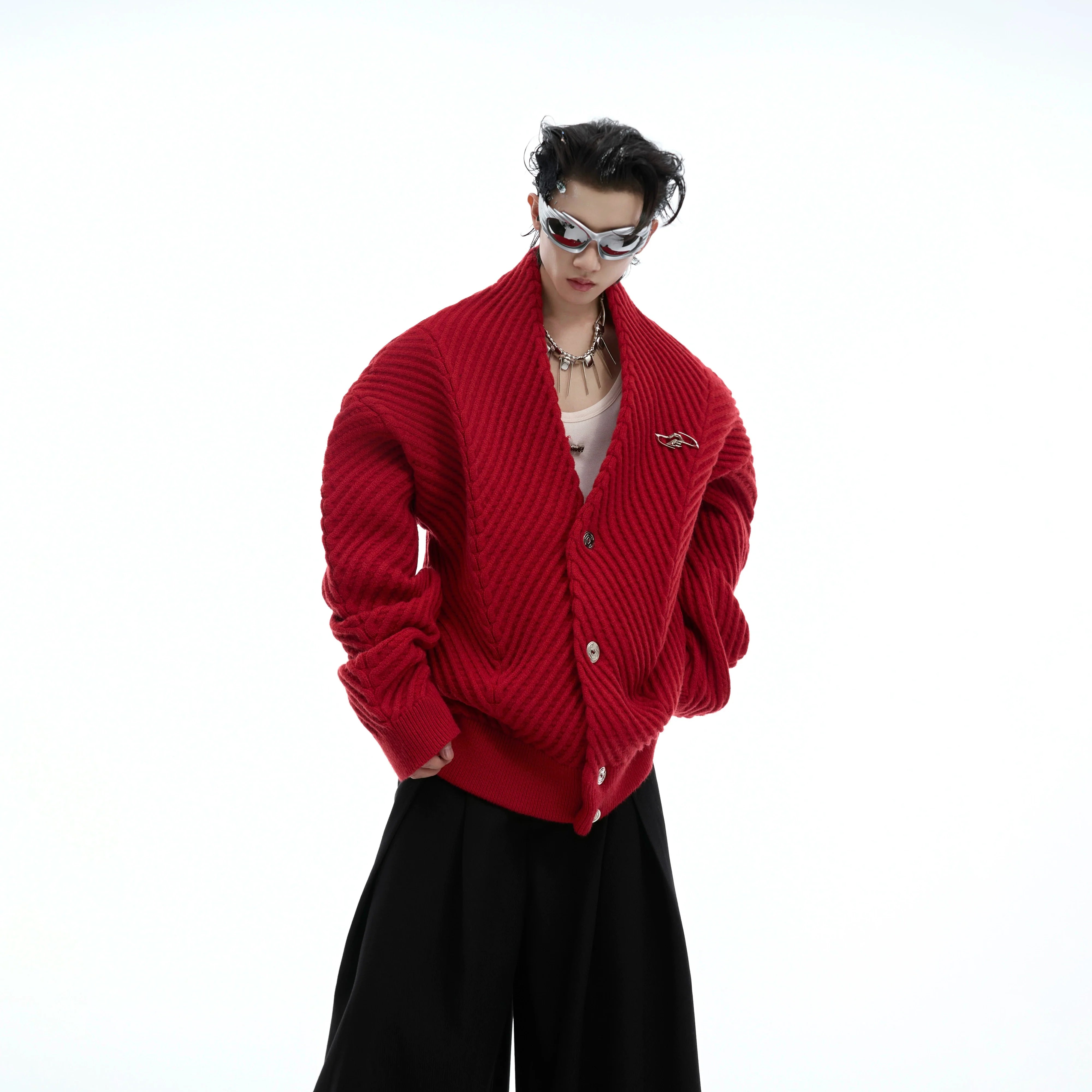 Oversized V-neck knit cardigan with chunky metal buttons, perfect for streetwear looks in fall and winter
