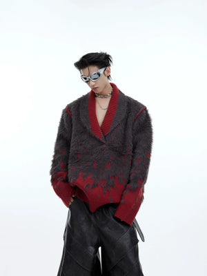 Oversized V-neck gradient sweater with asymmetrical patchwork collar, showcasing winter knit texture and ombré effect