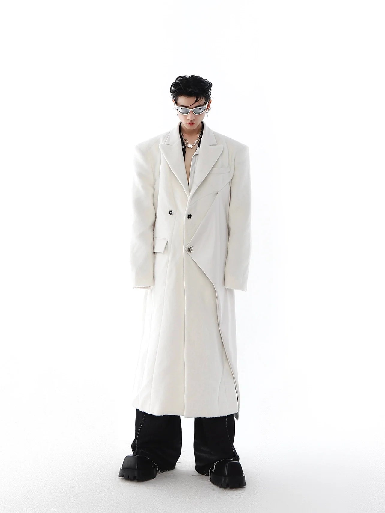 White oversized wool trench coat with PU leather trim, avant-garde unisex streetwear jacket for fashion-forward looks