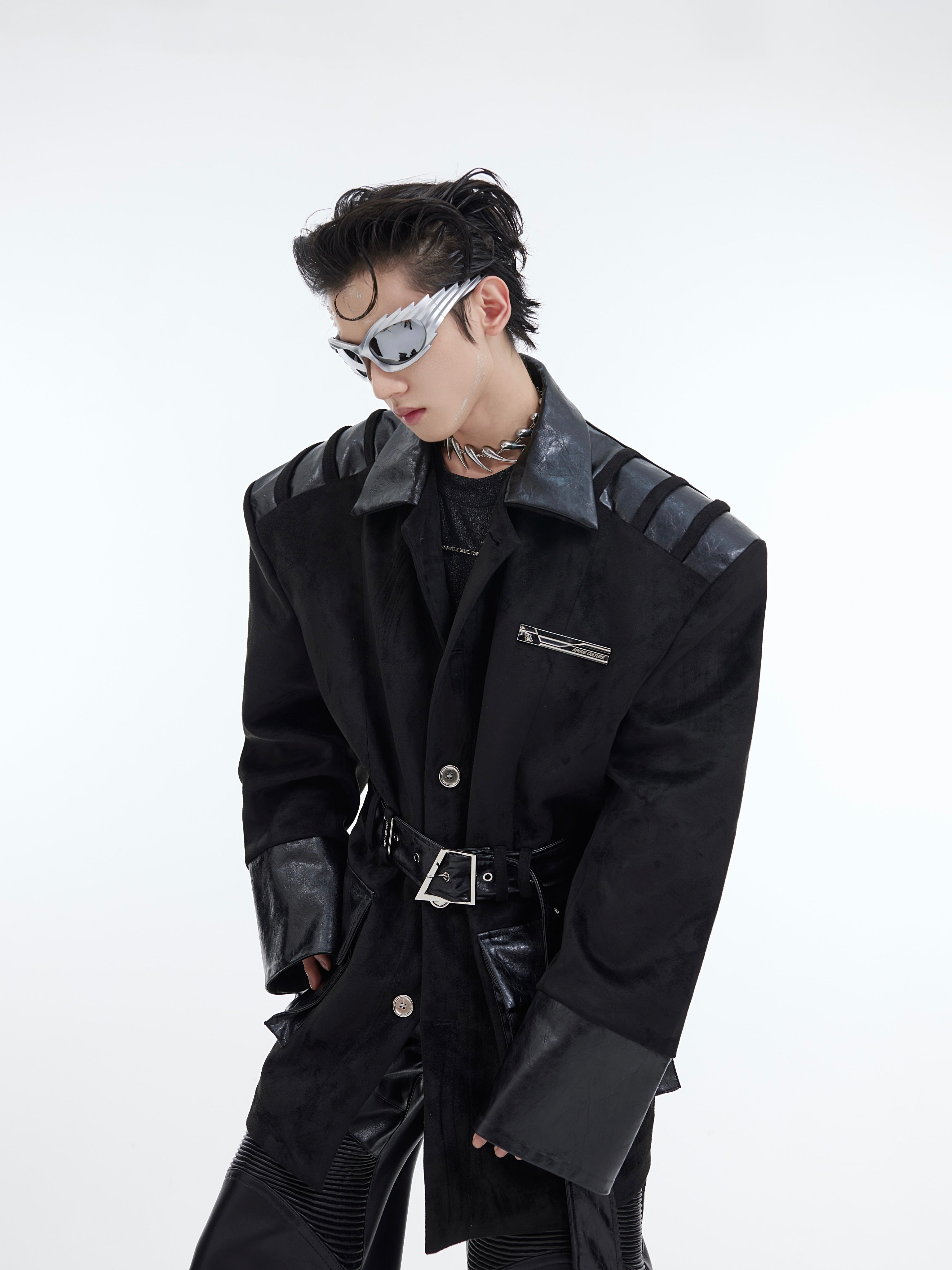 Patchwork leather jacket showing unique deconstructed design elements and premium materials