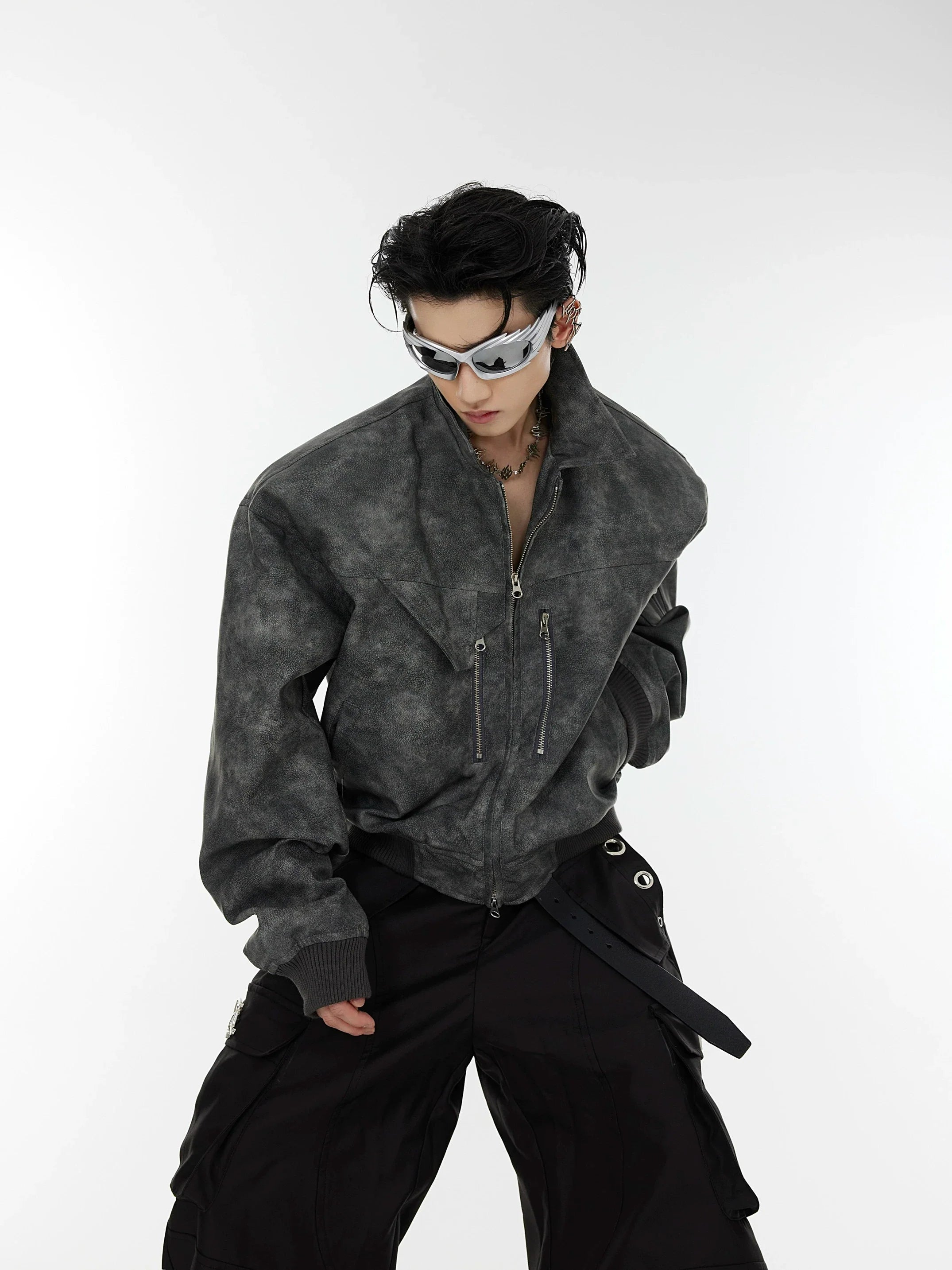 Pink dot gradient cropped leather jacket with bold shoulder pads, perfect for edgy streetwear looks