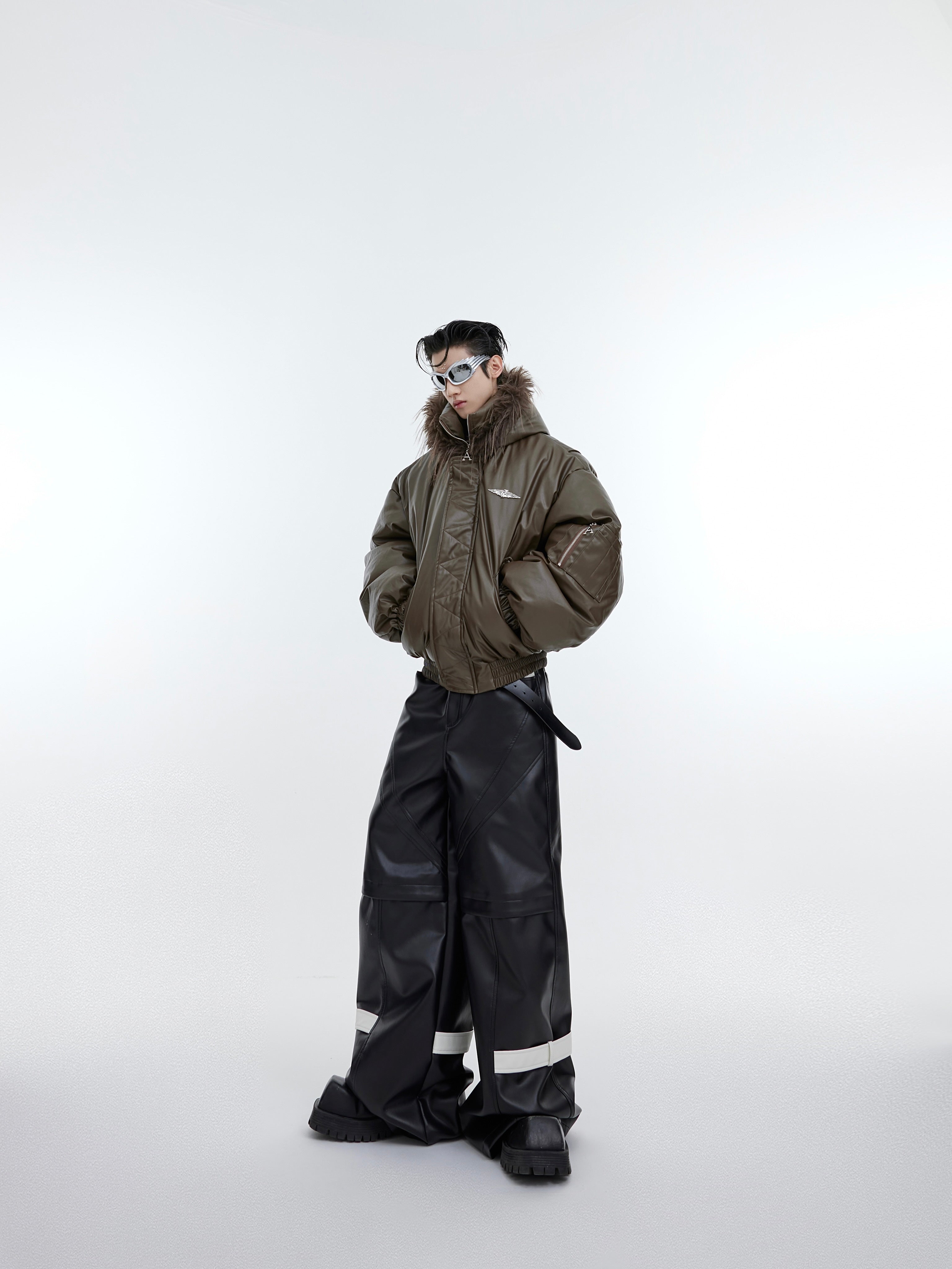 Close-up of premium metal zipper accents and plush cotton fabric on this urban puffer jacket