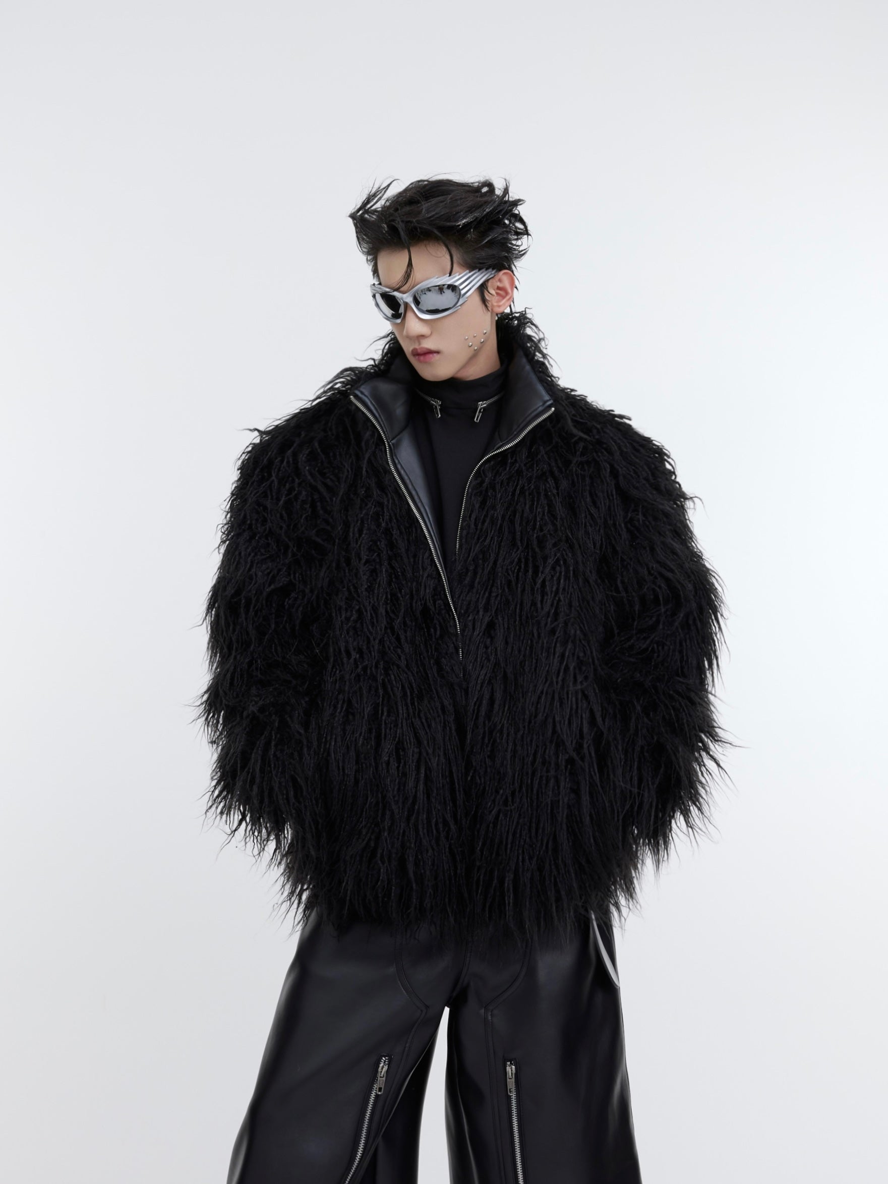 Front view of plush leather winter coat with wave pattern, featuring premium faux fur and streetwear-inspired design