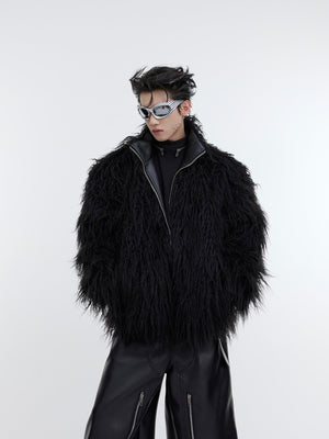 Front view of plush leather winter coat with wave pattern, featuring premium faux fur and streetwear-inspired design