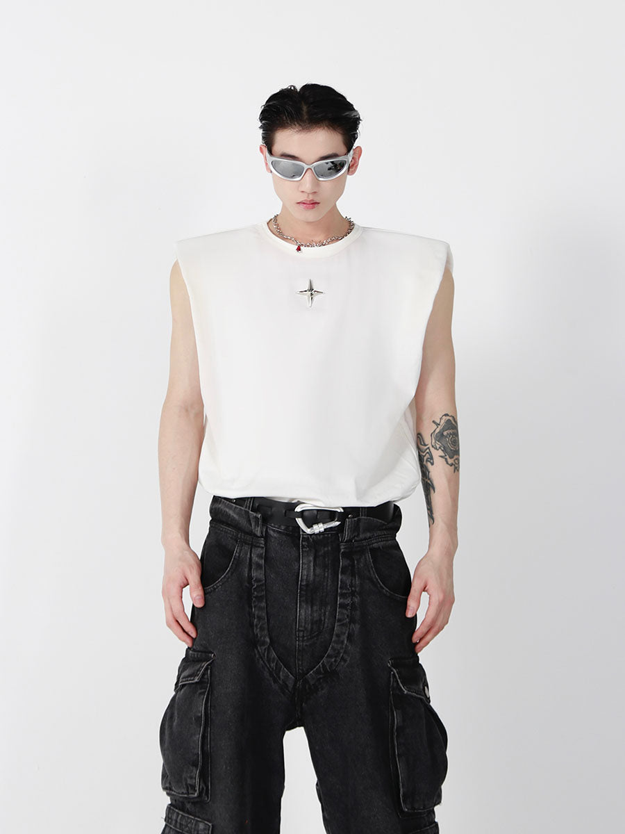 Close-up of 3D metal embellishments on high-quality cotton summer streetwear top with minimalist design