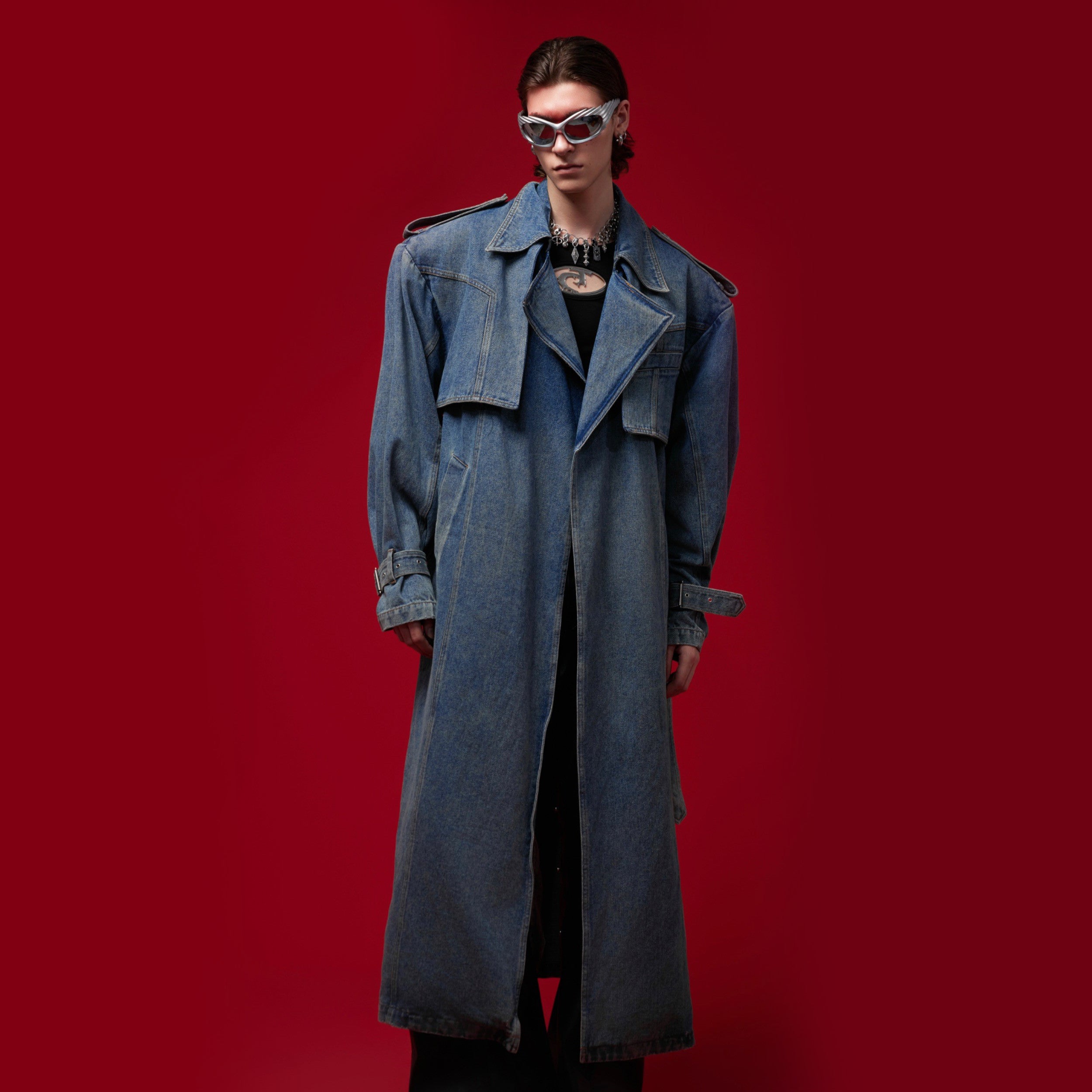 Detail shot showing soft denim and cotton blend fabric construction of this oversized trench jacket