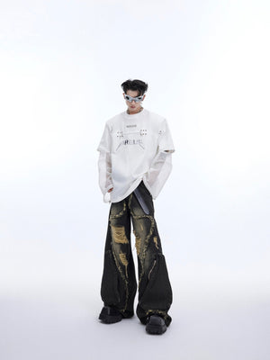 Back view of the deconstructed mesh sleeve tee highlighting its unconventional streetwear silhouette