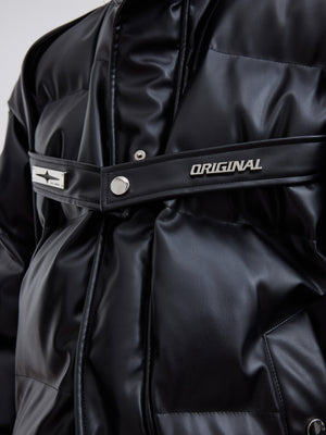 Side angle showing padded details of this high-fashion PU leather jacket with urban streetwear aesthetic