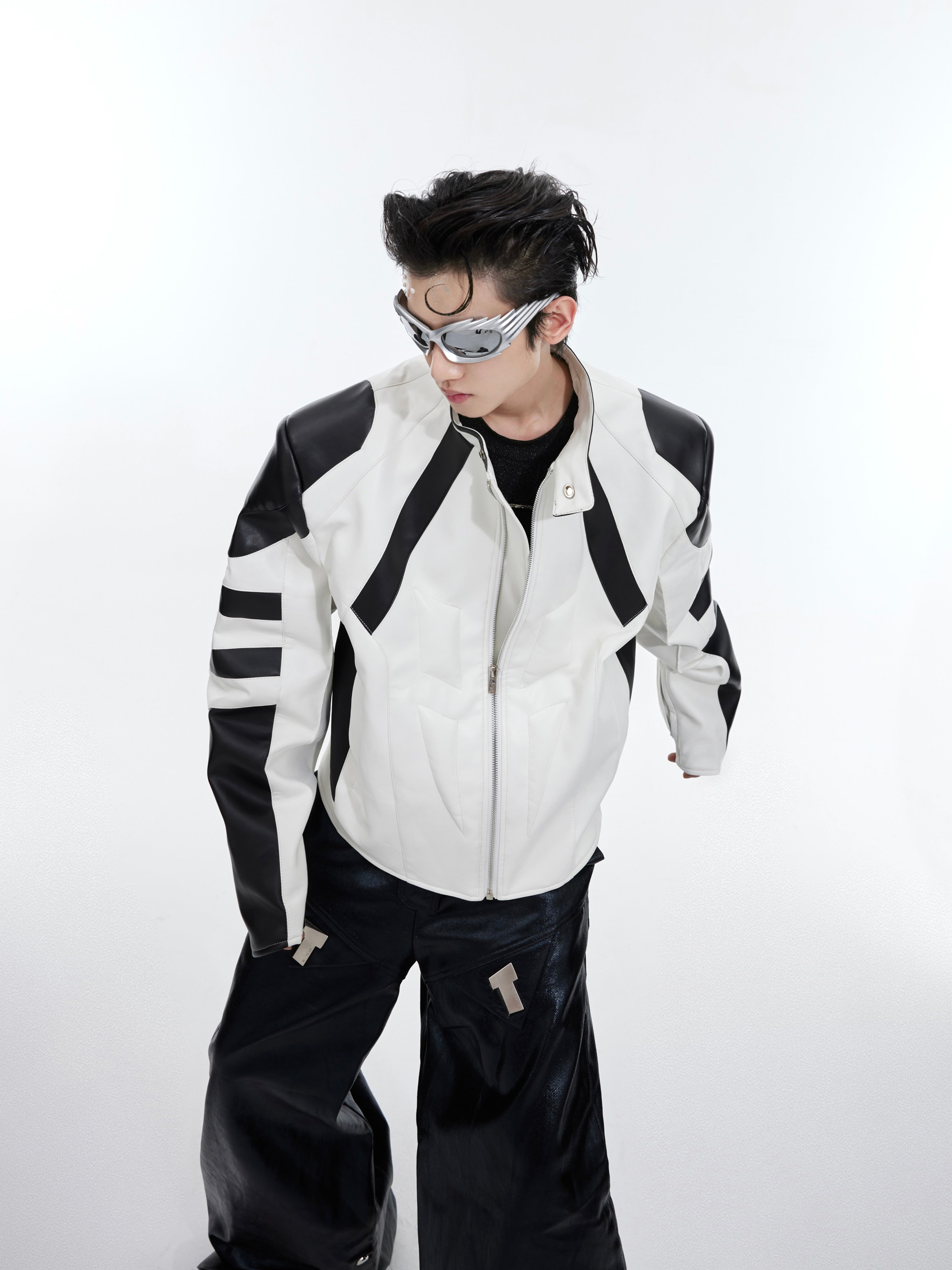 Close-up side view showing premium heavyweight PU blend fabric and structured drape of jacket