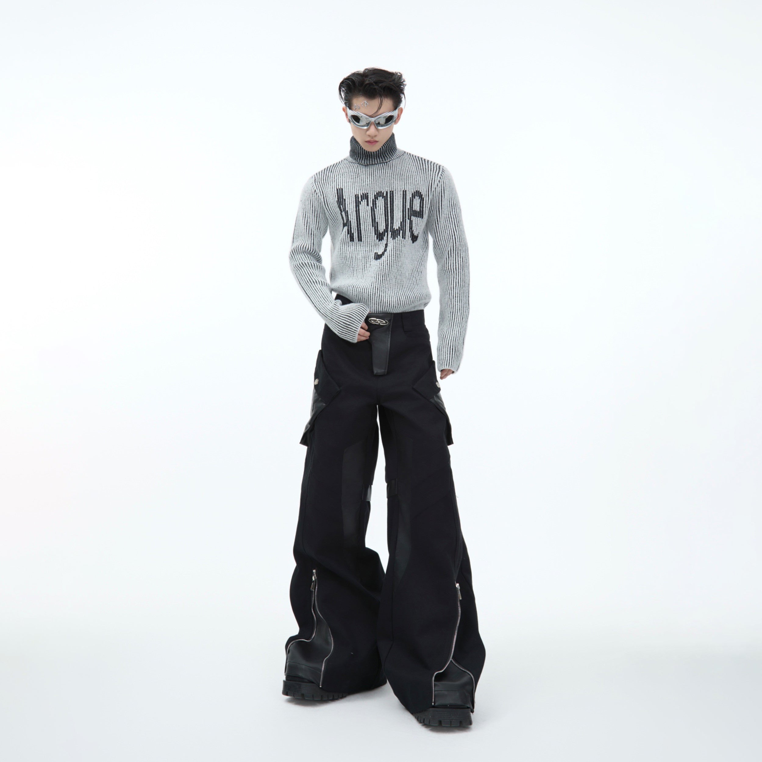 Rear view showing back panel design and utilitarian details of these fashion-forward cargo pants