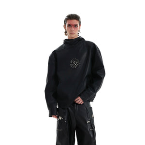Black punk hooded PU leather jacket with metal studs, showing oversized fit and dark streetwear aesthetic