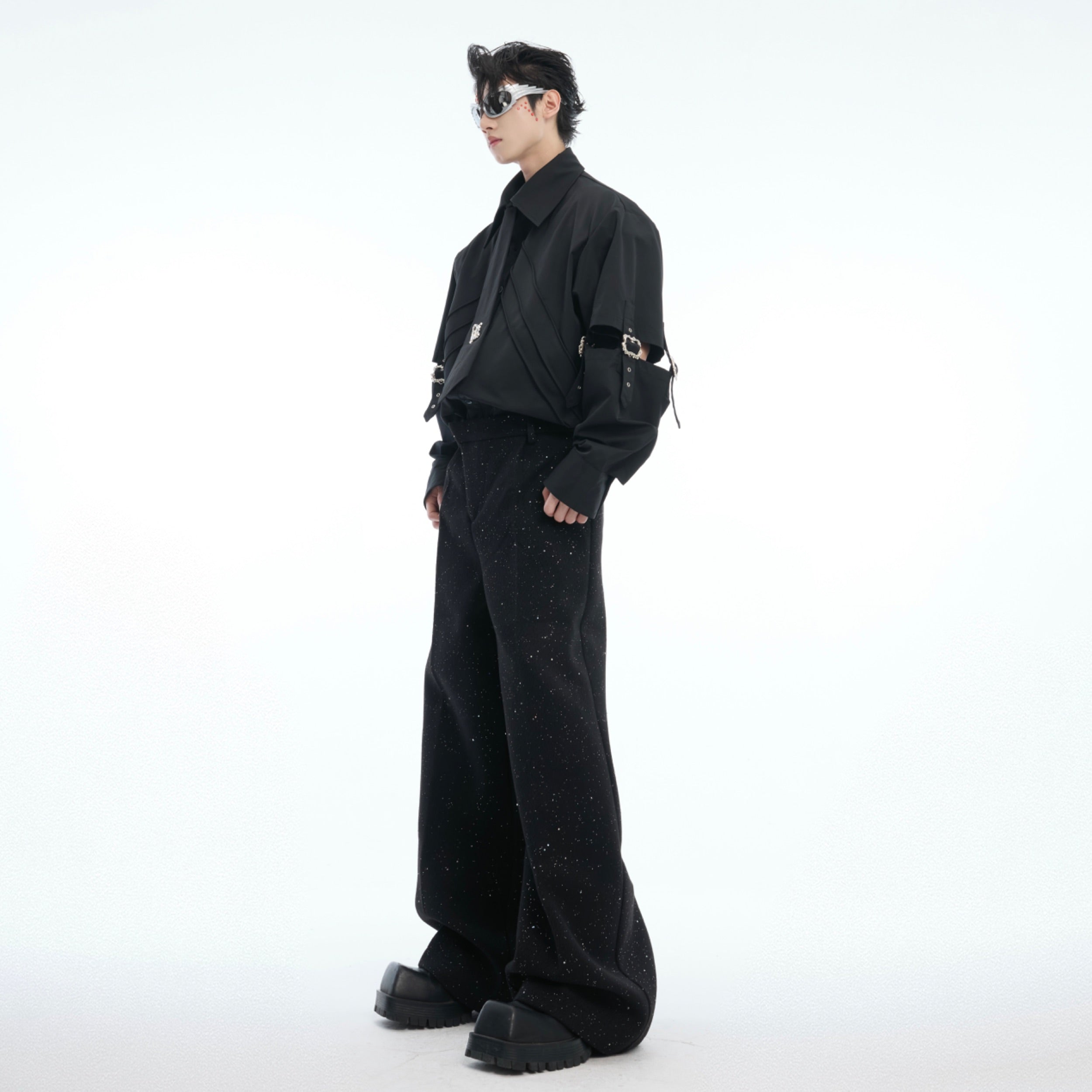 Styling example of the punk-inspired white shirt with metal accent details