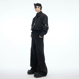 Styling example of the punk-inspired white shirt with metal accent details