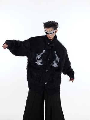 Red oversized fleece cardigan with high neck, perfect for Lunar New Year streetwear fashion