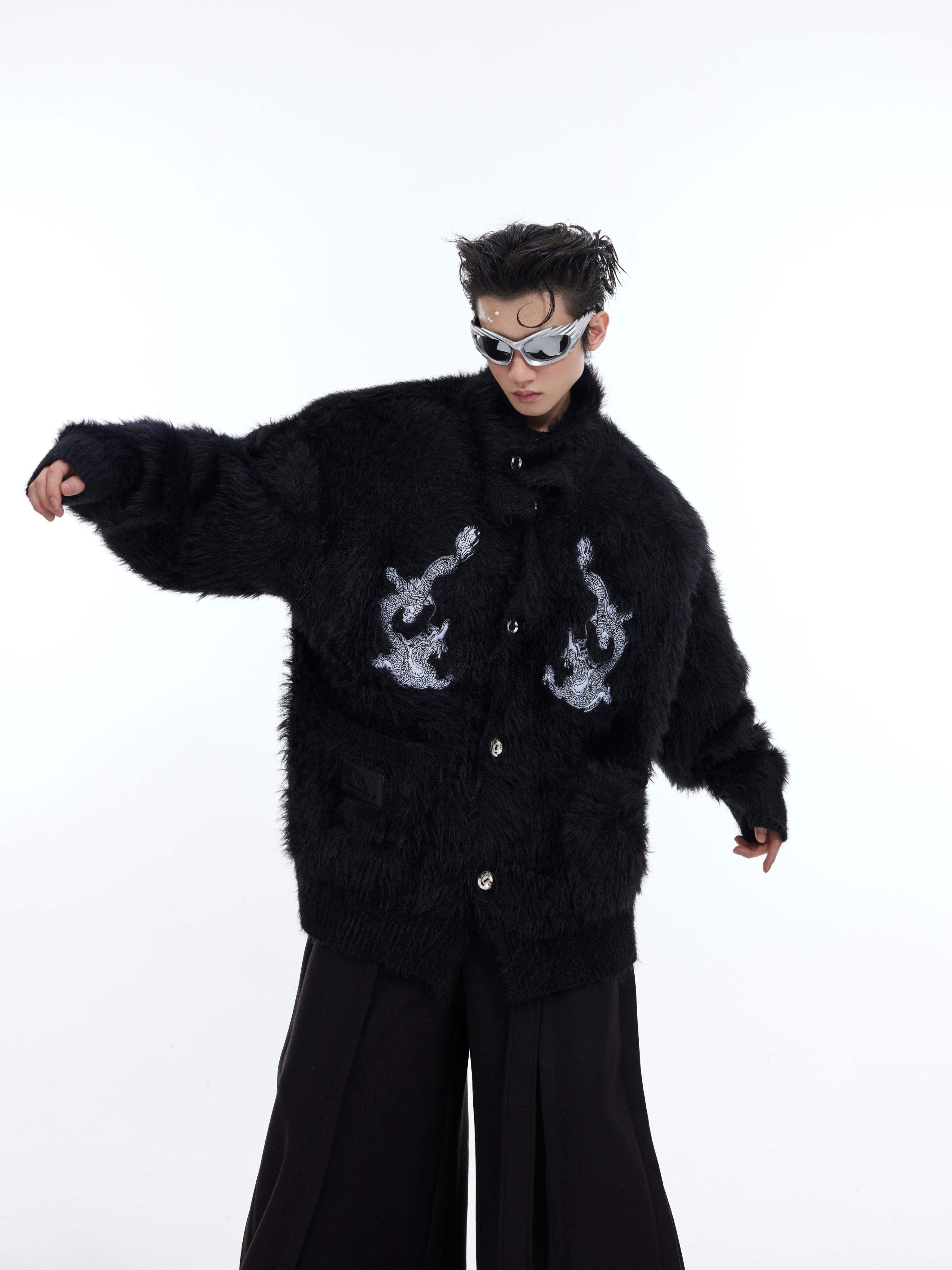 Red oversized fleece cardigan with high neck, perfect for Lunar New Year streetwear fashion