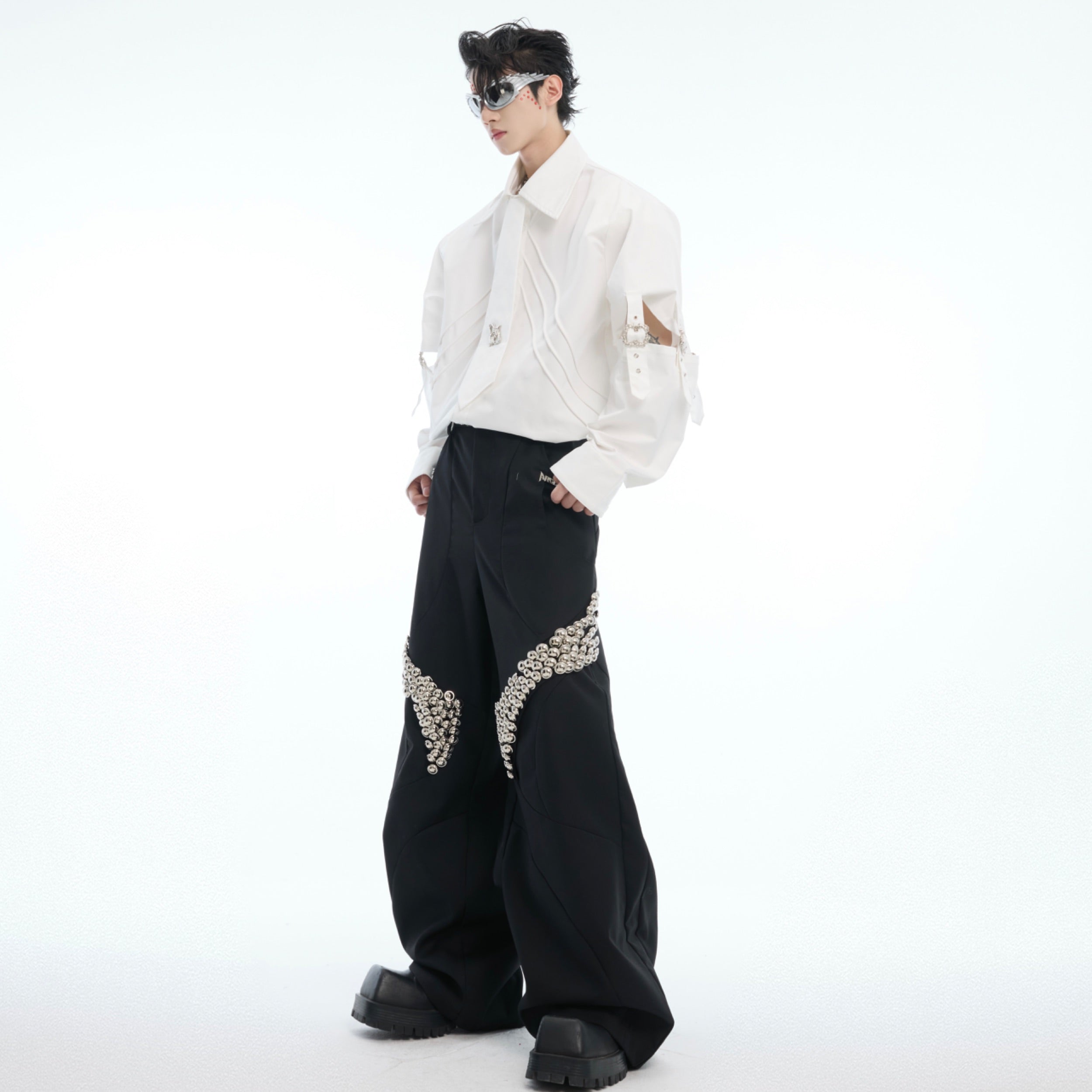 Back view demonstrating the removable panels feature of this deconstructed shirt
