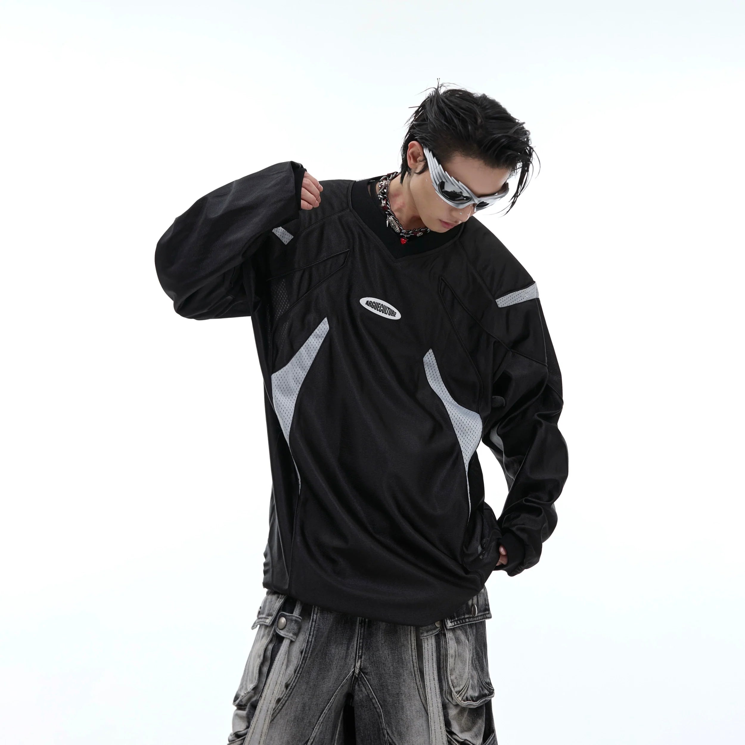 Retro v-neck baseball tee with contrast sleeves, showing front view of this sporty streetwear top