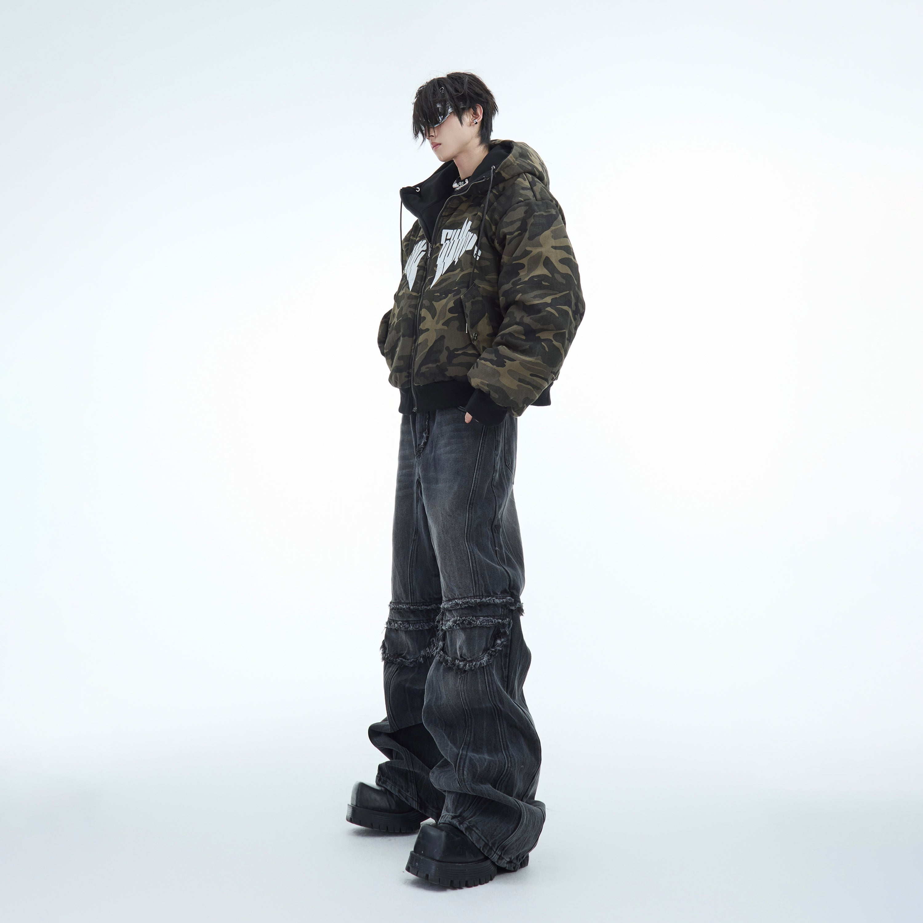 Back view of reversible winter coat showing distinctive washed cotton texture and urban fashion design