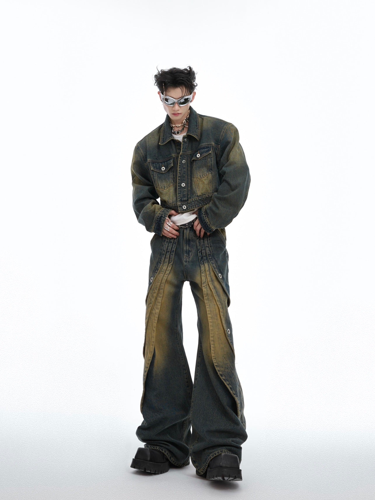 Full length view of these vintage-inspired jeans showcasing the salt-washed finish and relaxed fit