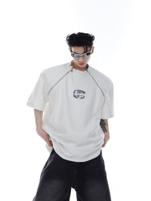 Back view of the gender-neutral zip-up tee showing sharp lines and bold metal trim accents