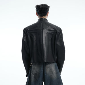 Front view of deconstructed silhouette jacket showing innovative cyberpunk-inspired streetwear design