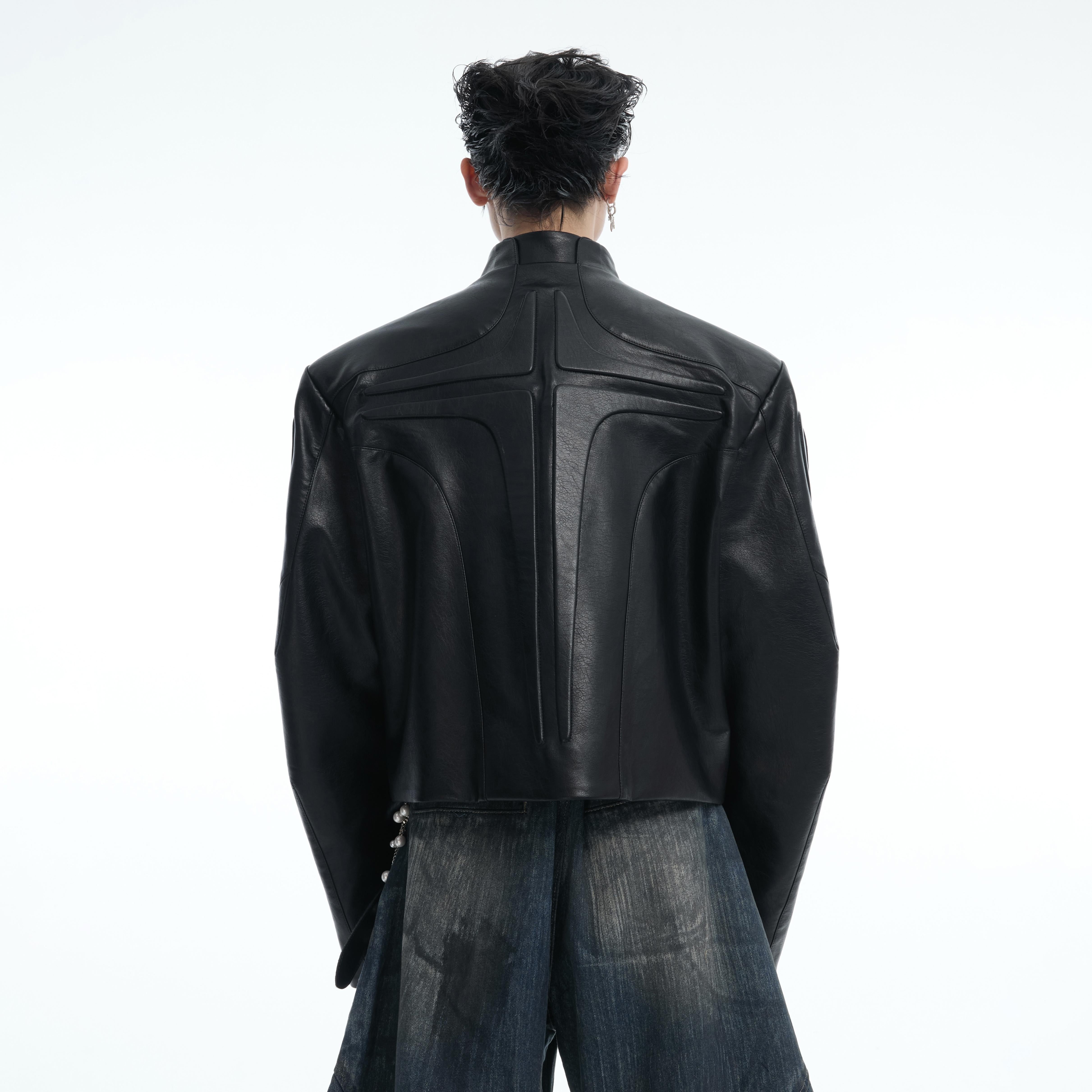 Front view of deconstructed silhouette jacket showing innovative cyberpunk-inspired streetwear design