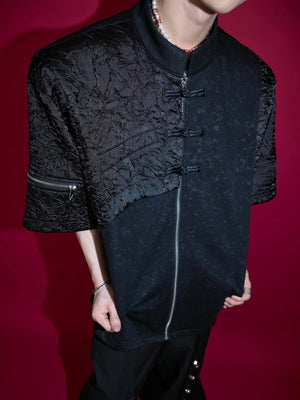 Back view of the urban style sleeveless tee highlighting the premium fabric texture and deconstructed collar design