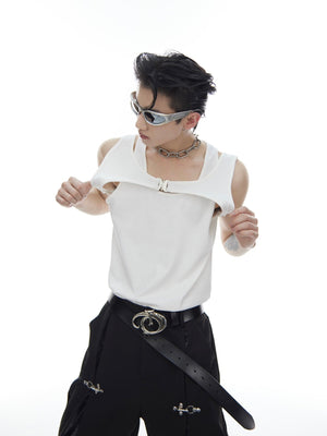 Side angle showing the slim-fit silhouette of this unique buckle vest with detachable metal details