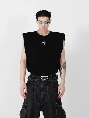 Slim-fit sleeveless tee with structured shoulder pads and metallic trim details for urban streetwear looks