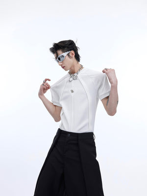 Back view of the artistic unisex tee featuring asymmetrical design elements and premium fabric texture
