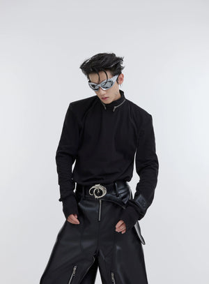 Front view of slim-fit t-shirt featuring a striking metal zipper and stand collar design, perfect for urban streetwear looks