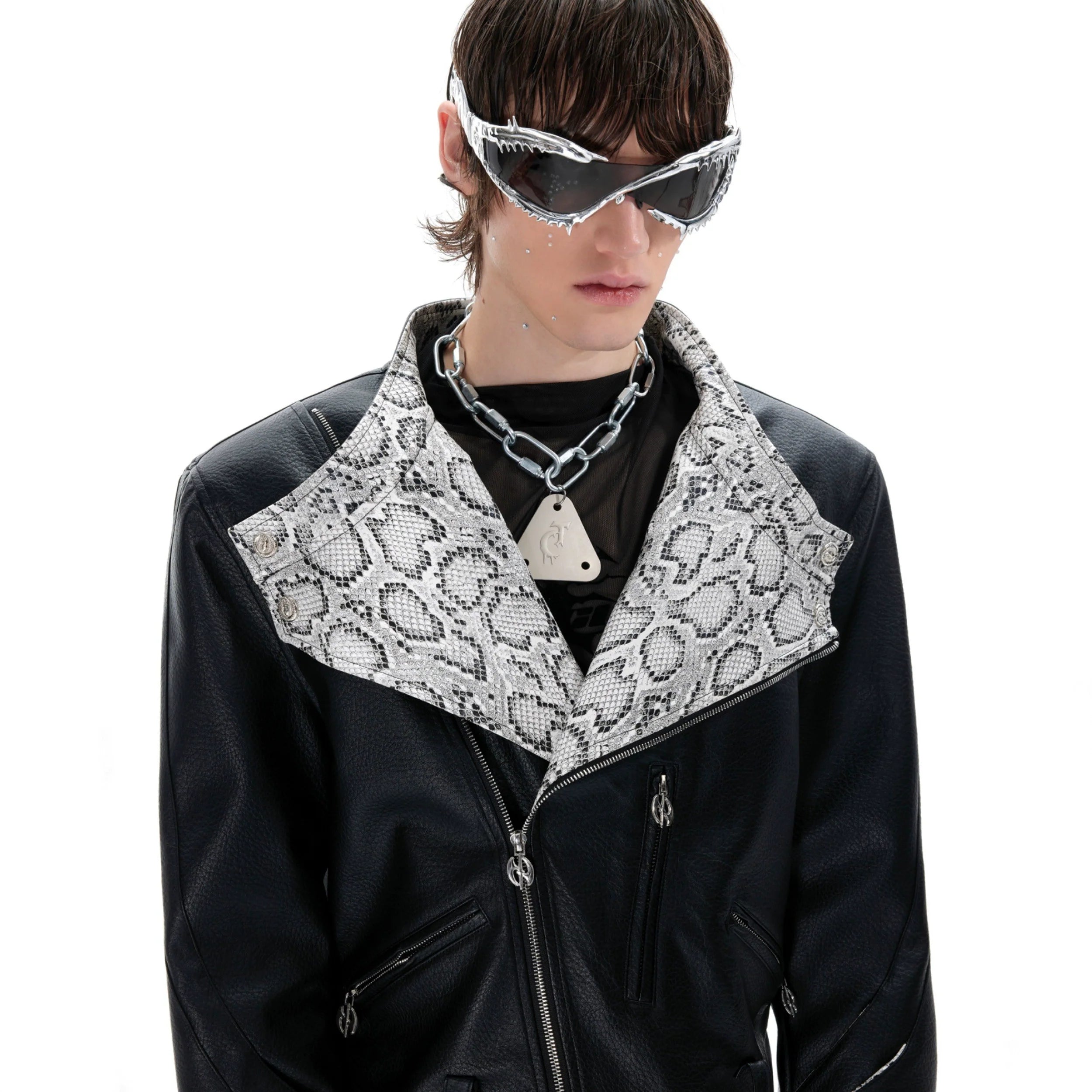 Front view of snake print PU leather biker jacket with cropped streetwear design and edgy zipper details