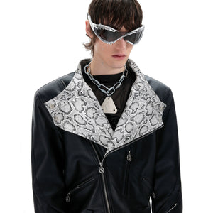 Front view of snake print PU leather biker jacket with cropped streetwear design and edgy zipper details