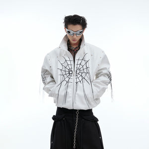Edgy spiderweb fringe punk leather jacket with metal studs, featuring a deconstructed biker design and premium craftsmanship