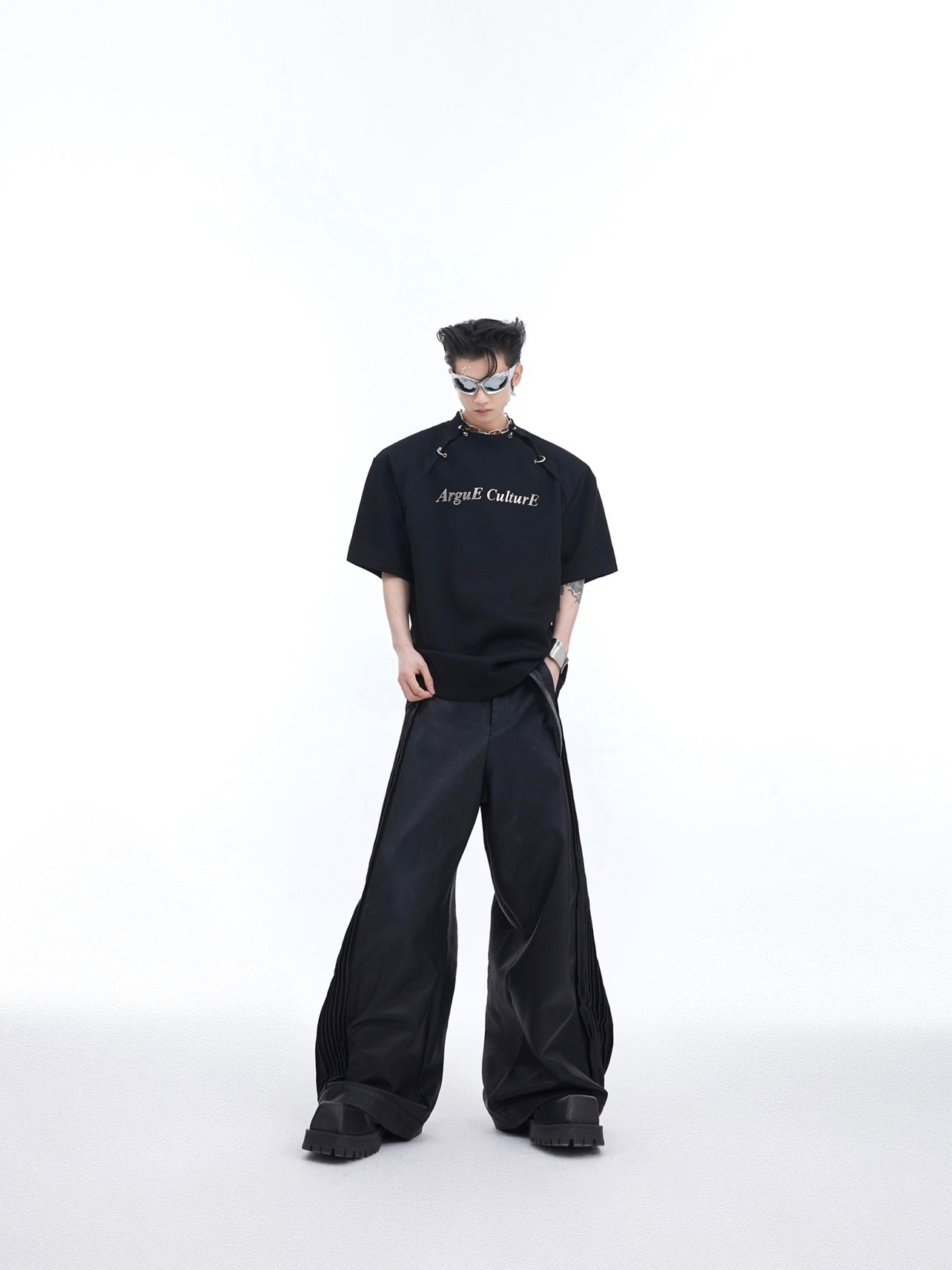 Close-up of the unique spliced design showing premium fabric blend and color contrast on this fashion-forward t-shirt