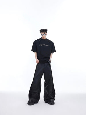 Close-up of the unique spliced design showing premium fabric blend and color contrast on this fashion-forward t-shirt