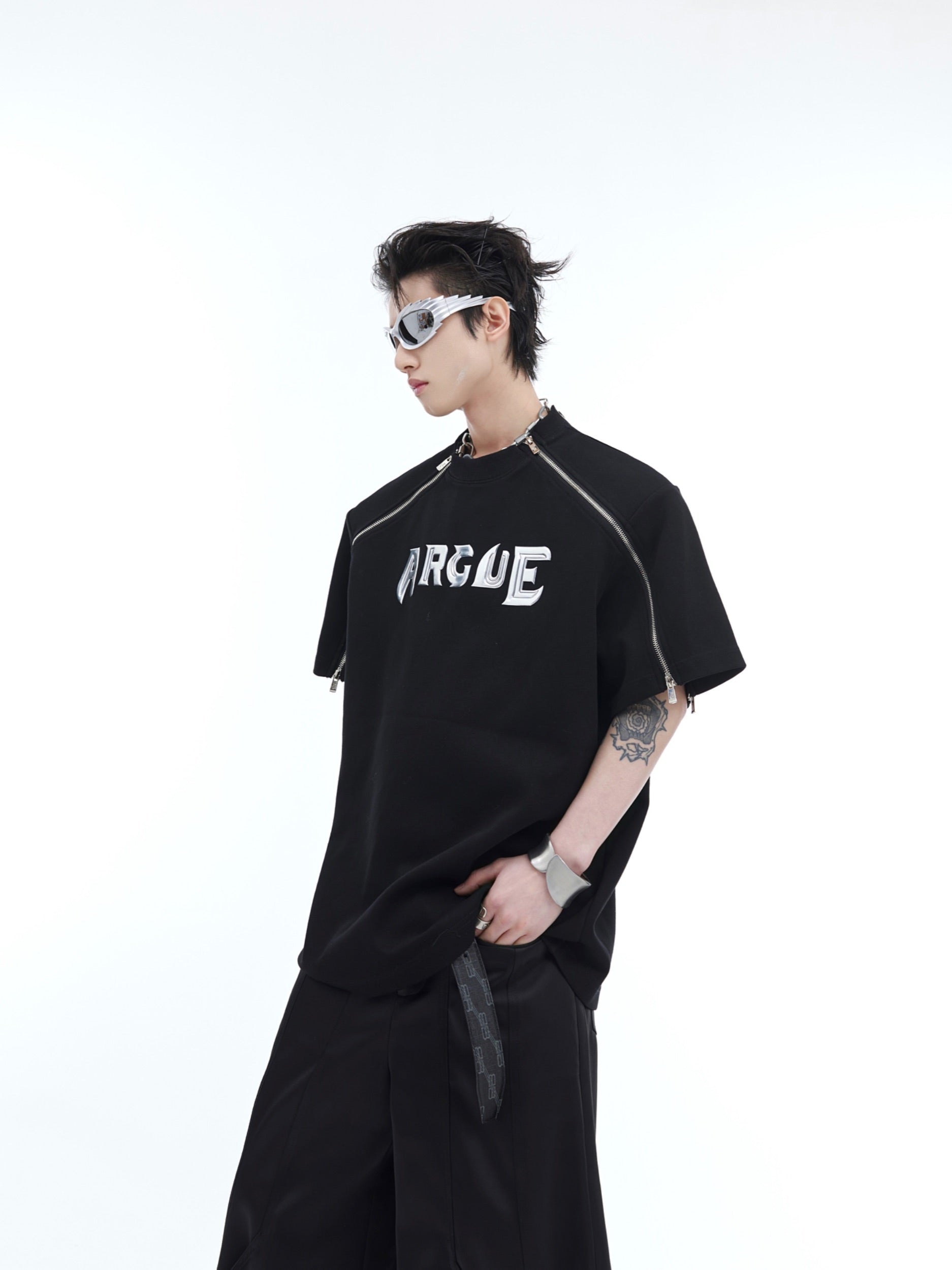 Side angle showing unique double zip detail on this edgy deconstructed streetwear t-shirt