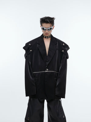 Close-up of innovative splicing details on this avant-garde mens suit jacket with urban edge