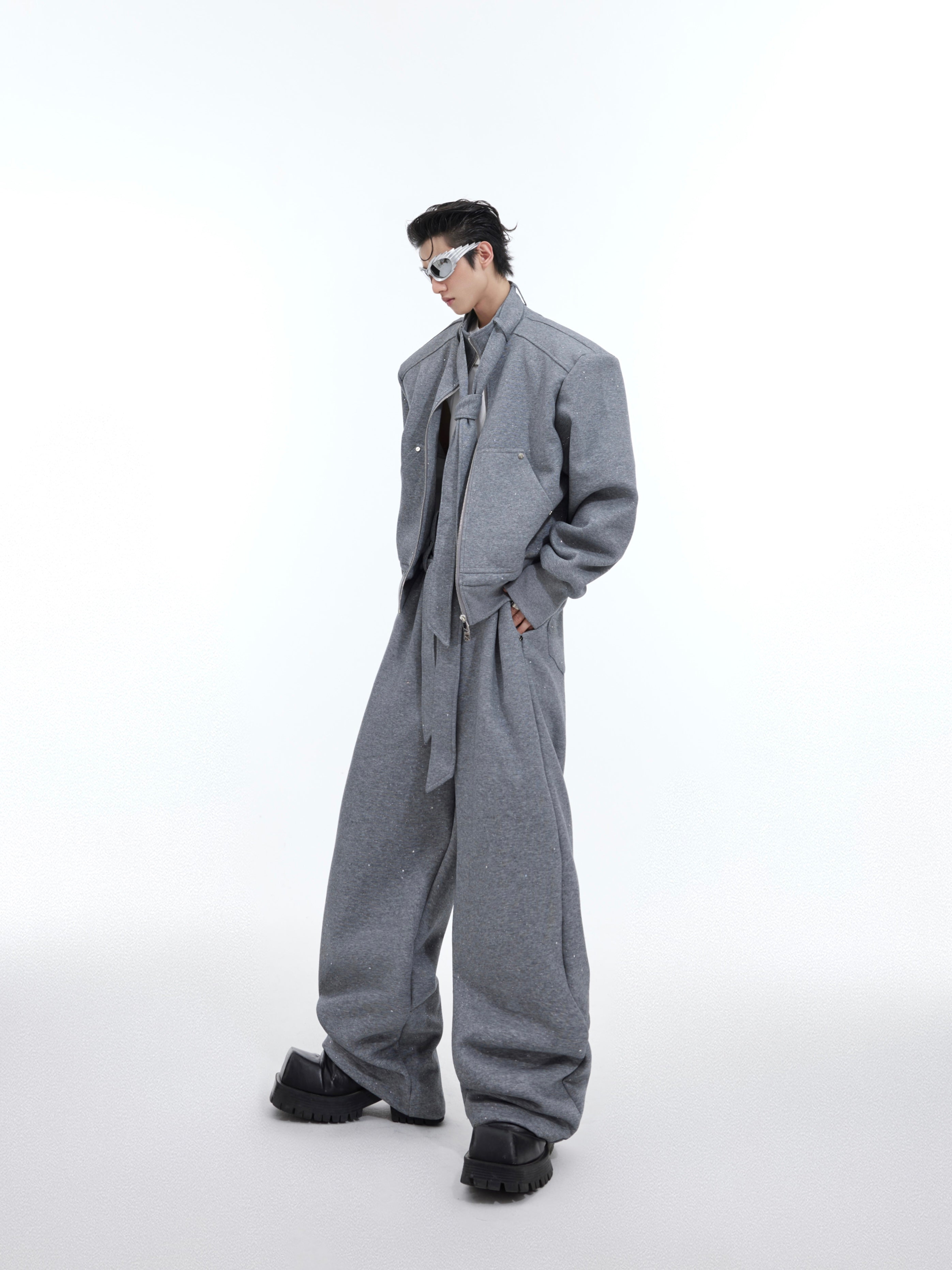 Deconstructed split-design hoodie with tie-detail jacket, urban streetwear for men with premium micro-stretch fabric