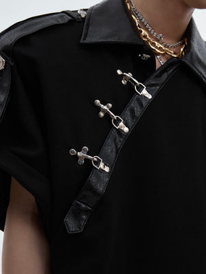 Side angle showing split shoulder design and PU leather trim on contemporary loose fit short sleeve tee